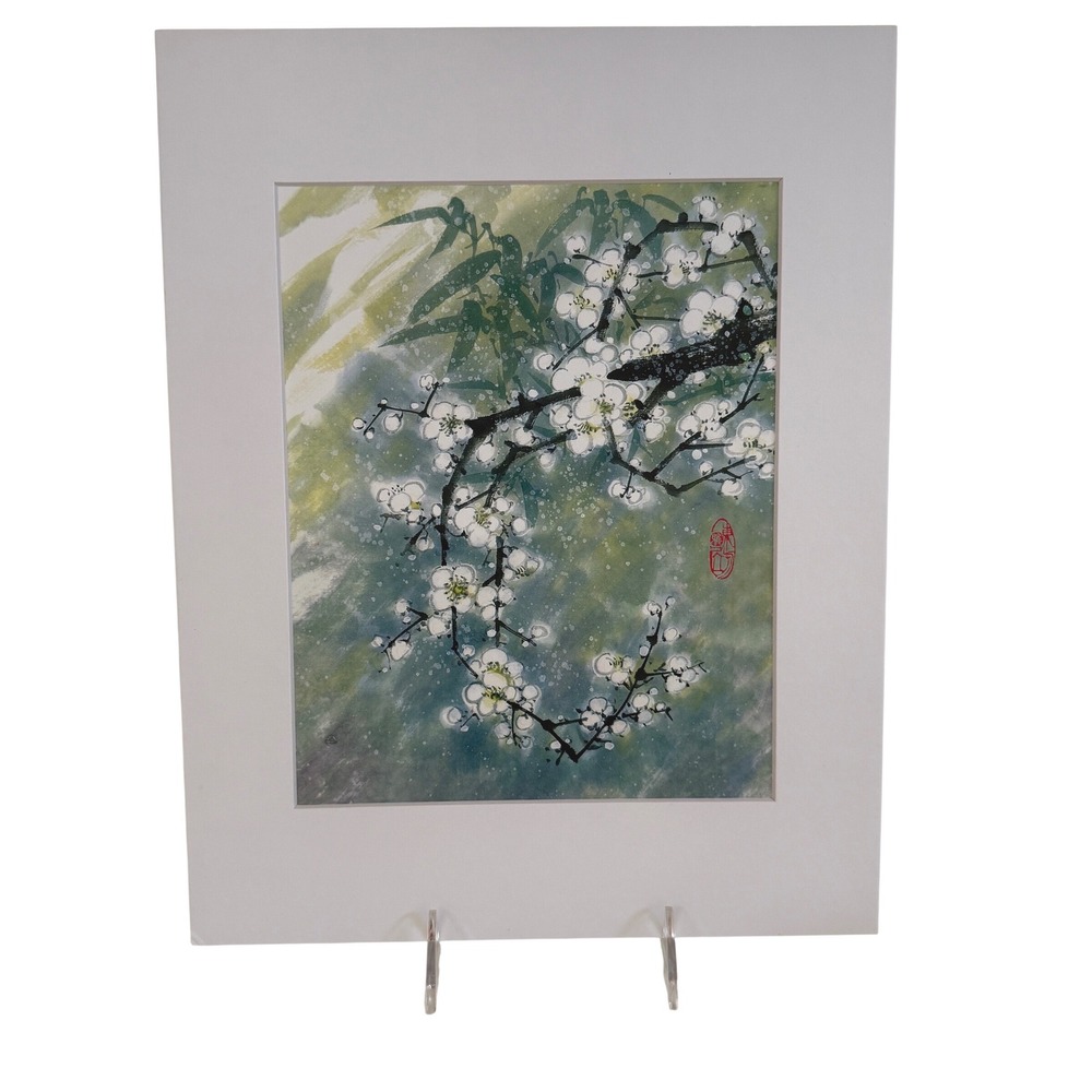 Vintage Asian Floral Art Print Plum Blossoms Bamboo Red Seal Matted 11x14